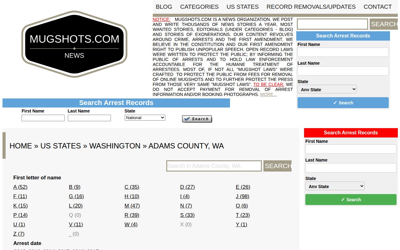 Adams County third-party mugshot listing with unofficial record warning