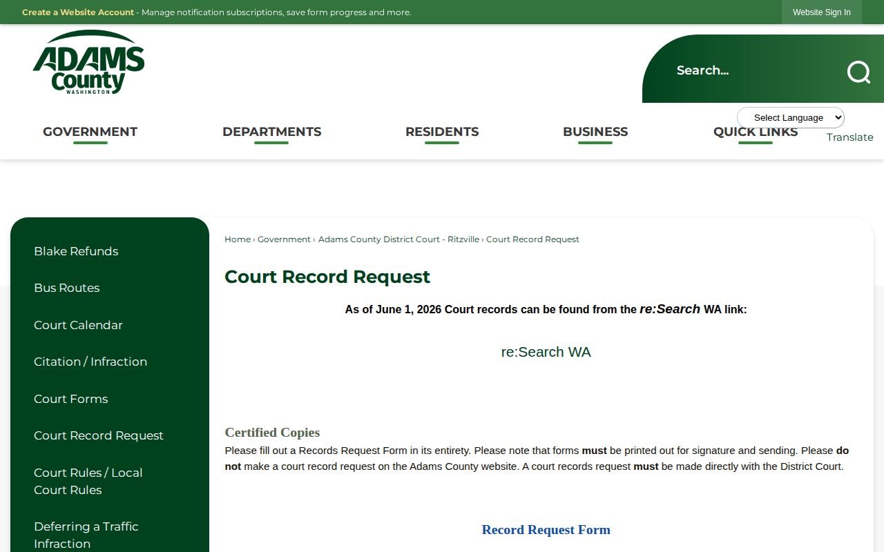 Adams County court-record request and booking disposition source