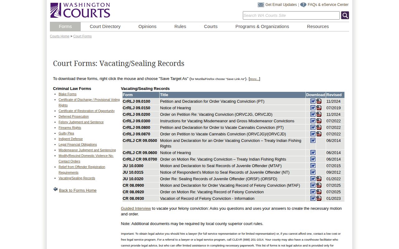 Adams County booking-record correction and Washington court forms